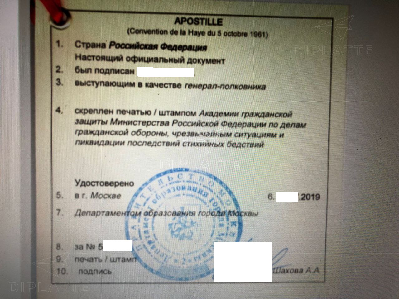 Апостиль из минобрнауки Московской области на дипломе Академии гражданской защиты (2019 г.)