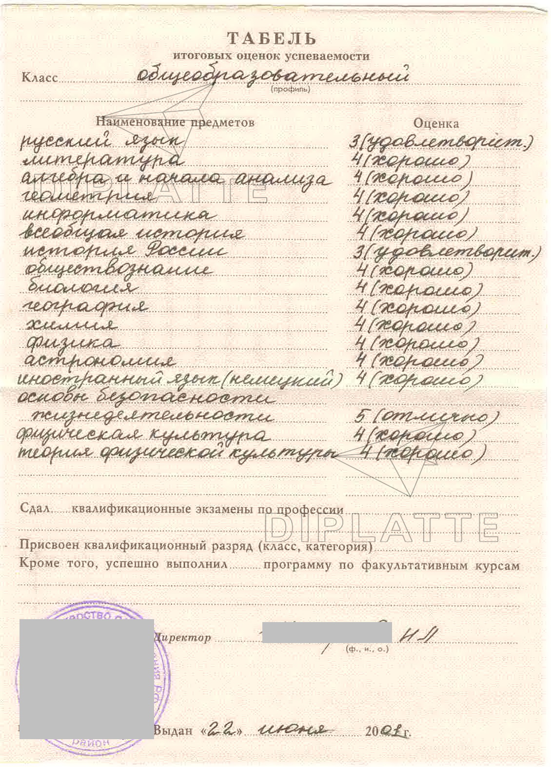 Табель с оценками в приложении аттестата за 11 класс 2001 года